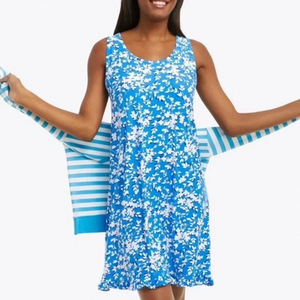 NWT Draper James Blue Floral Ruffle Nightie Sleep Dress Women’s Sz S/M